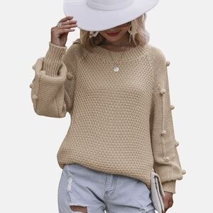 Simplee Crewneck Oversized Chunky Knit Bobble Sleeve Sweater Tan Size S